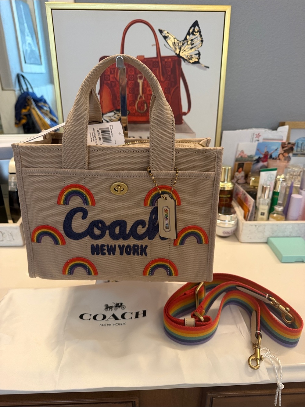 NWT Coach New York Beige Canvas Tote with Rainbow Embroidery